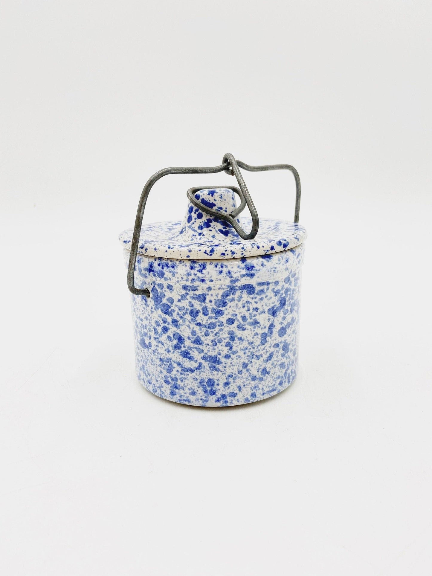 Small Vintage Stoneware White With Blue Speckles, Crock Canister With Metal Wire, Ceramic Kitchen Storage Decor, Farmhouse Country Pottery -Located at Funkyhouse Vintage Antique Store, Weiser Idaho
