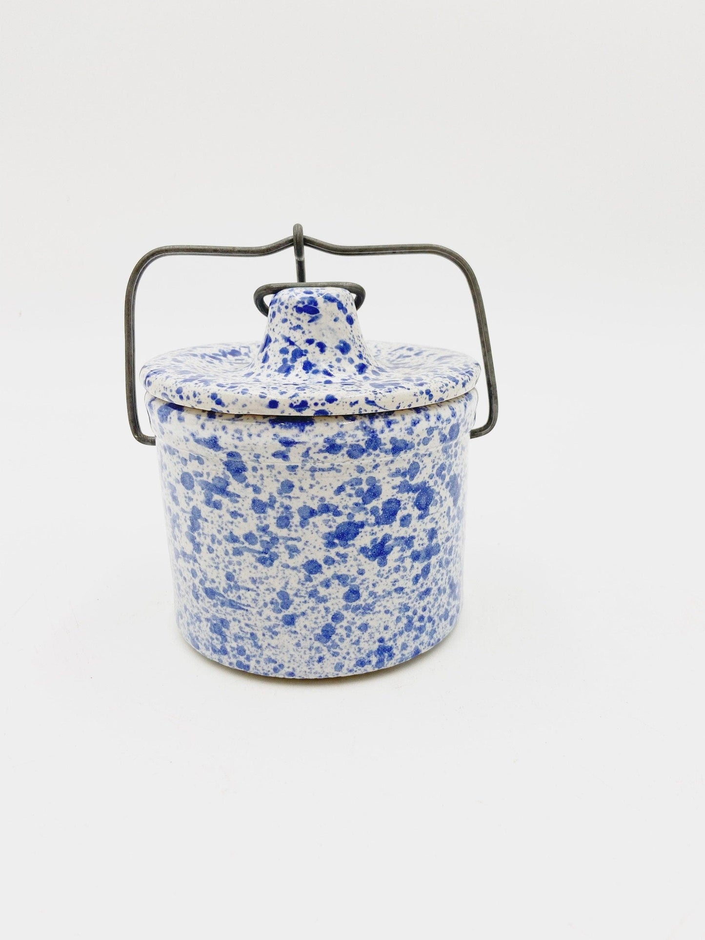 Small Vintage Stoneware White With Blue Speckles, Crock Canister With Metal Wire, Ceramic Kitchen Storage Decor, Farmhouse Country Pottery -Located at Funkyhouse Vintage Antique Store, Weiser Idaho
