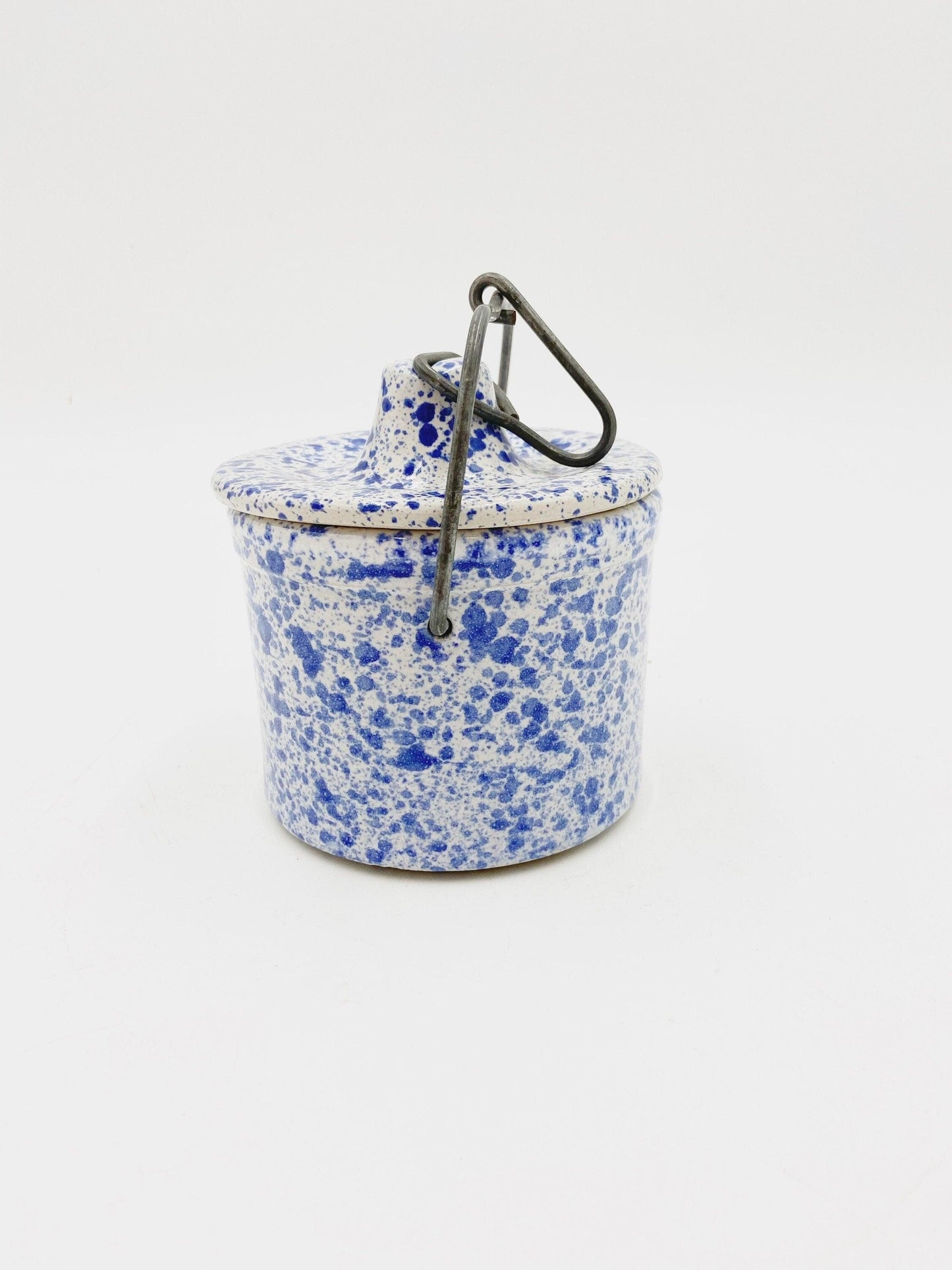 Small Vintage Stoneware White With Blue Speckles, Crock Canister With Metal Wire, Ceramic Kitchen Storage Decor, Farmhouse Country Pottery -Located at Funkyhouse Vintage Antique Store, Weiser Idaho