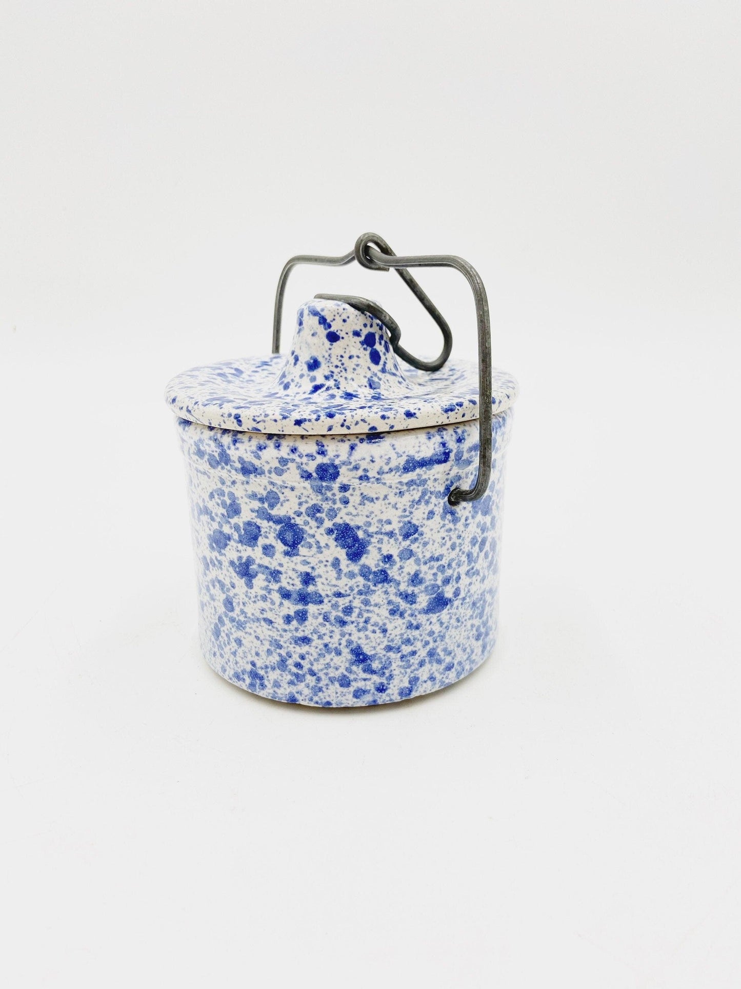 Small Vintage Stoneware White With Blue Speckles, Crock Canister With Metal Wire, Ceramic Kitchen Storage Decor, Farmhouse Country Pottery -Located at Funkyhouse Vintage Antique Store, Weiser Idaho