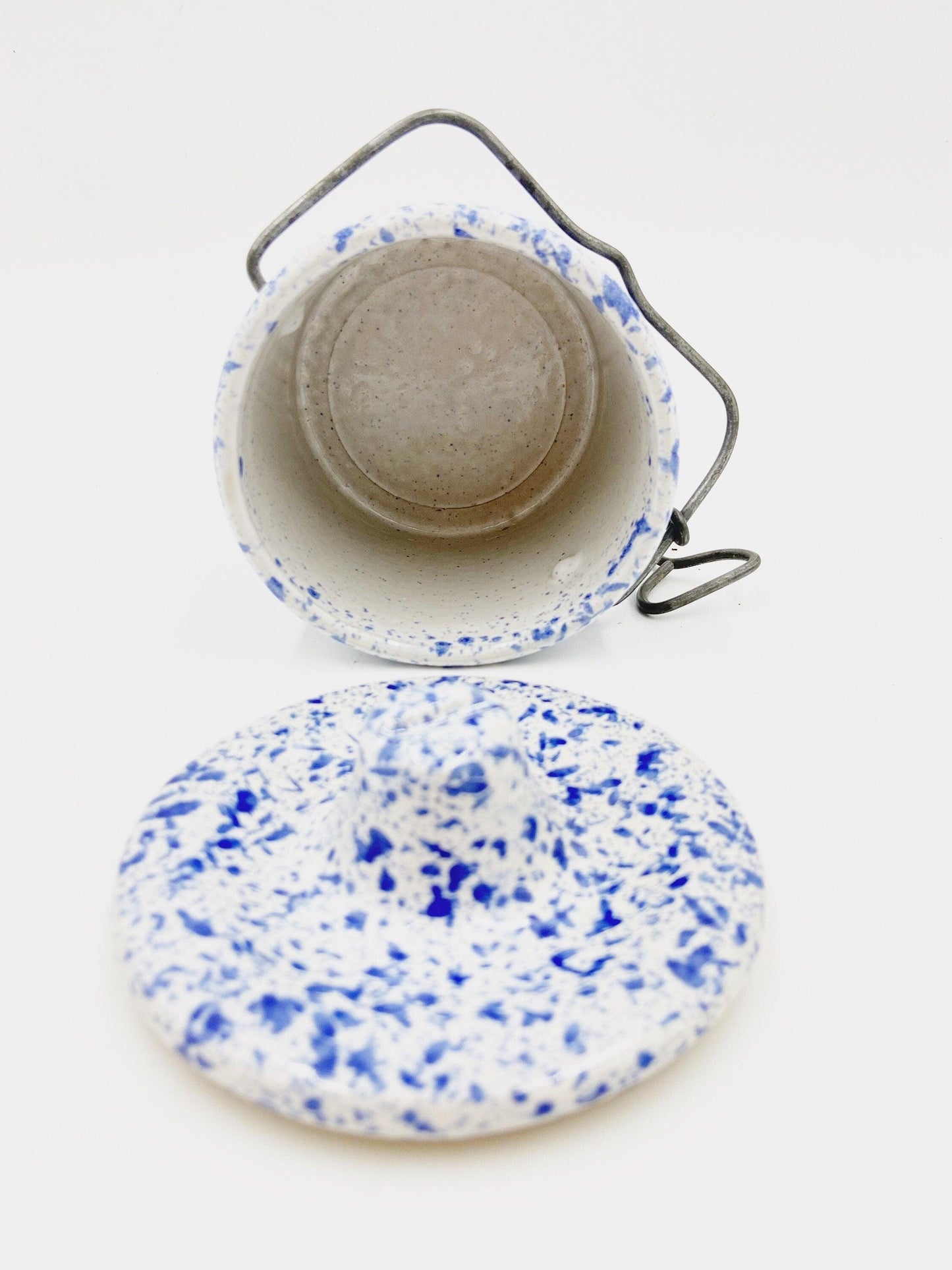 Small Vintage Stoneware White With Blue Speckles, Crock Canister With Metal Wire, Ceramic Kitchen Storage Decor, Farmhouse Country Pottery -Located at Funkyhouse Vintage Antique Store, Weiser Idaho