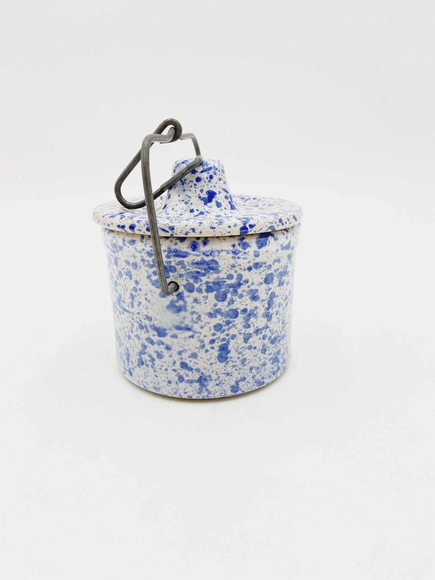 Small Vintage Stoneware White With Blue Speckles, Crock Canister With Metal Wire, Ceramic Kitchen Storage Decor, Farmhouse Country Pottery -Located at Funkyhouse Vintage Antique Store, Weiser Idaho