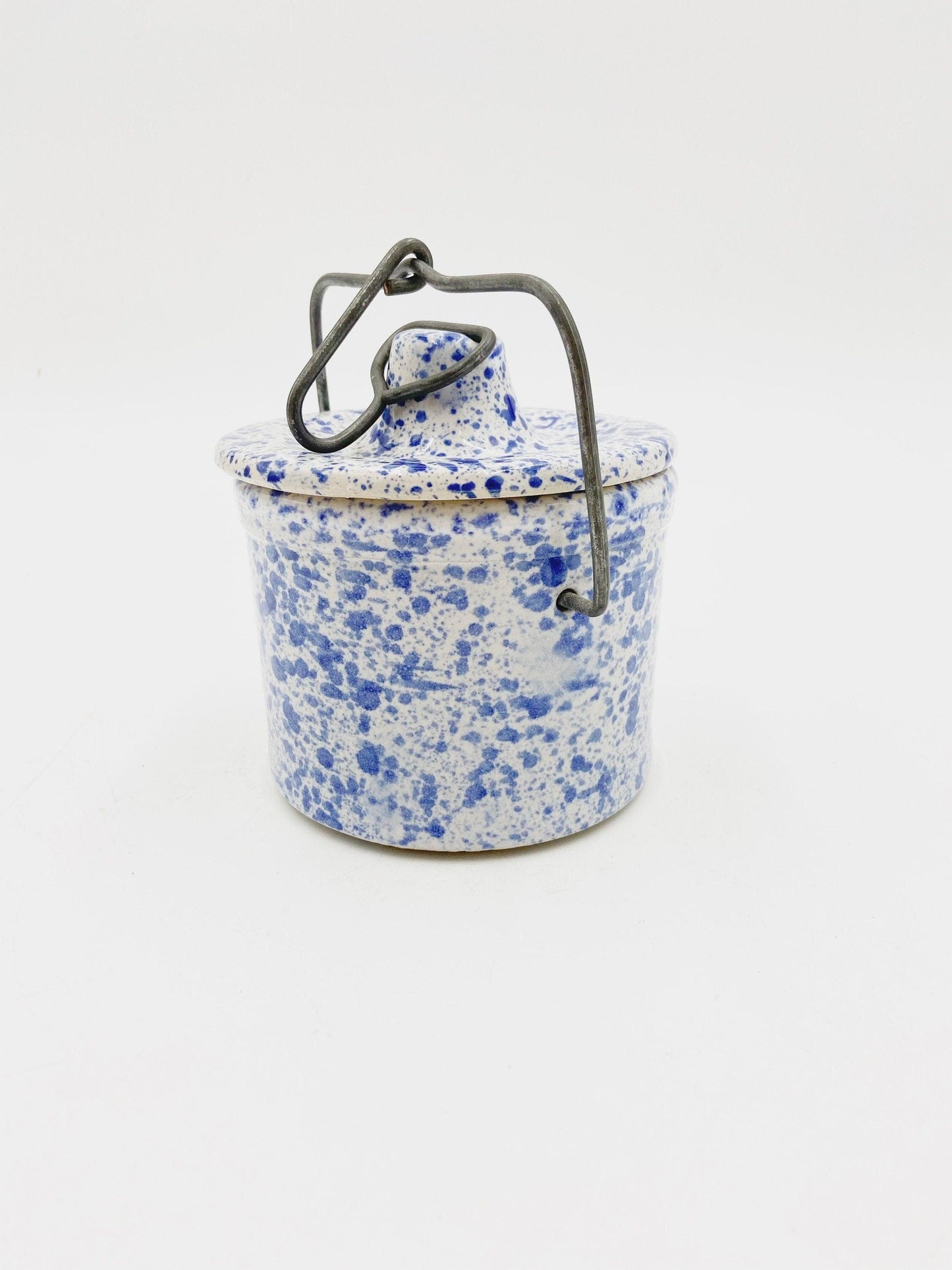 Small Vintage Stoneware White With Blue Speckles, Crock Canister With Metal Wire, Ceramic Kitchen Storage Decor, Farmhouse Country Pottery -Located at Funkyhouse Vintage Antique Store, Weiser Idaho