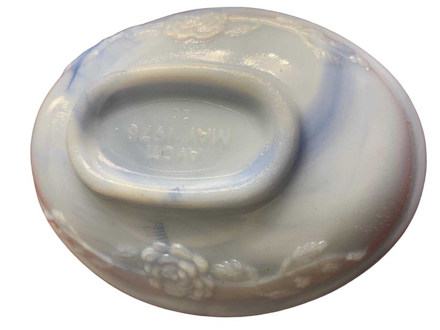 Soap Dish By Avon, Vintage Marbled Blue Bathroom Glassware With Flower Detail -Located at Funkyhouse Vintage Antique Store, Weiser Idaho