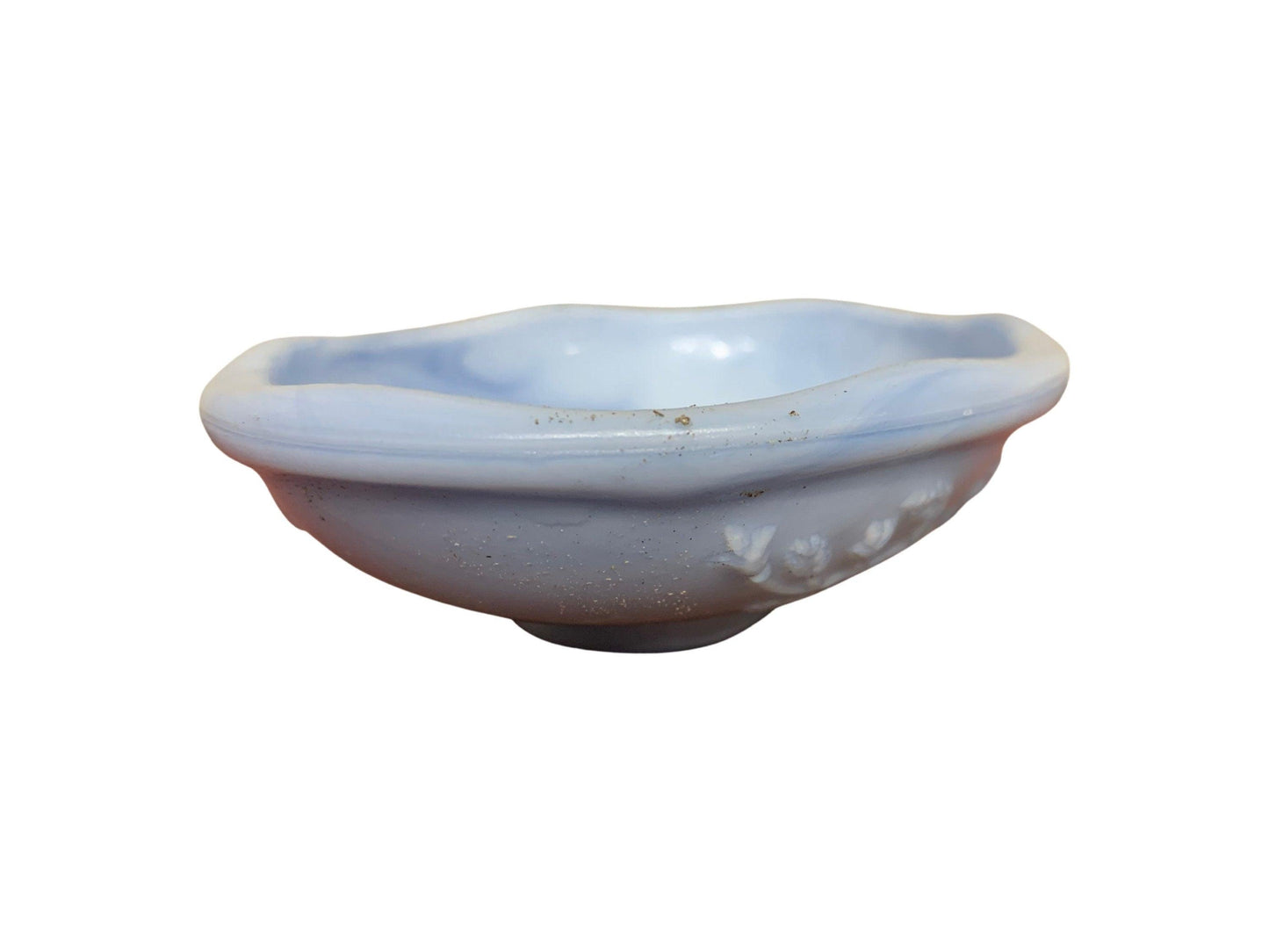 Soap Dish By Avon, Vintage Marbled Blue Bathroom Glassware With Flower Detail -Located at Funkyhouse Vintage Antique Store, Weiser Idaho