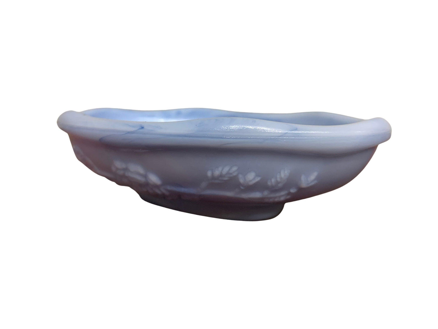 Soap Dish By Avon, Vintage Marbled Blue Bathroom Glassware With Flower Detail -Located at Funkyhouse Vintage Antique Store, Weiser Idaho