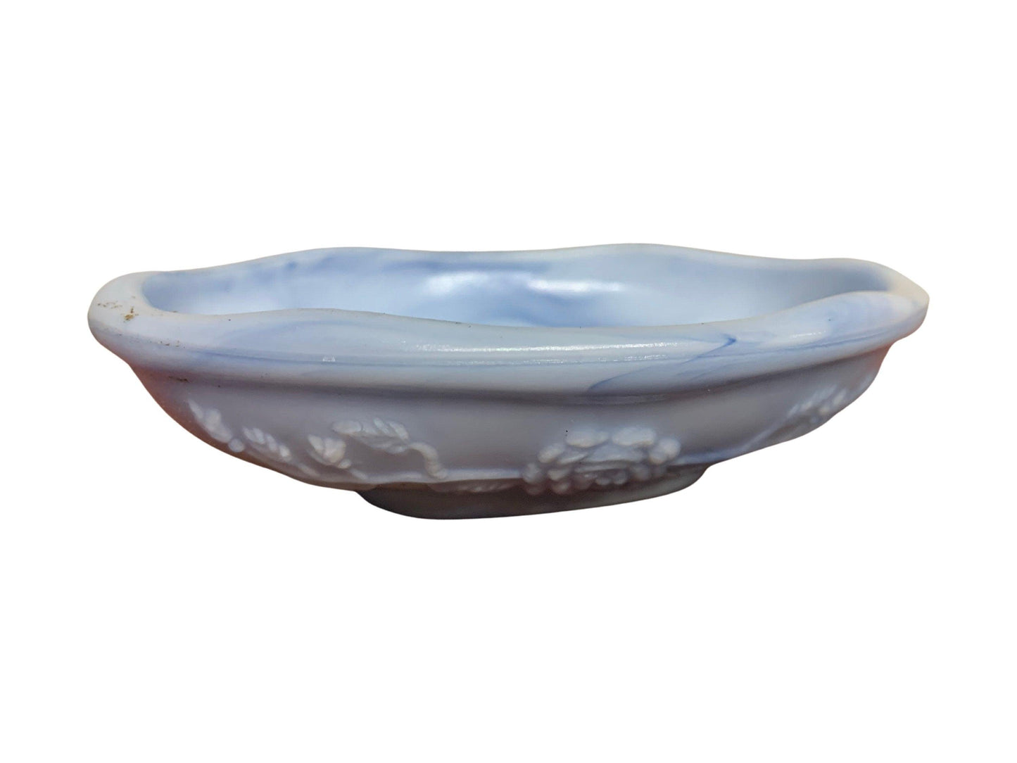 Soap Dish By Avon, Vintage Marbled Blue Bathroom Glassware With Flower Detail -Located at Funkyhouse Vintage Antique Store, Weiser Idaho