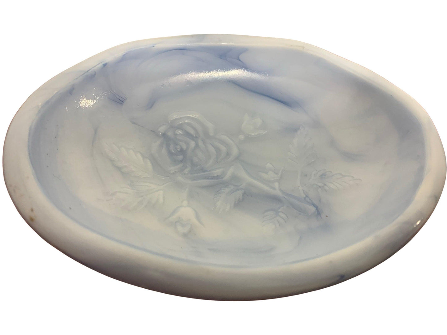 Soap Dish By Avon, Vintage Marbled Blue Bathroom Glassware With Flower Detail -Located at Funkyhouse Vintage Antique Store, Weiser Idaho