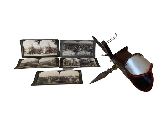 Stereoscope With 5 Photo Cards, Antique 3 Dimensional Photo Viewer, Vintage Wood And Metal Stereograph -Located at Funkyhouse Vintage Antique Store, Weiser Idaho