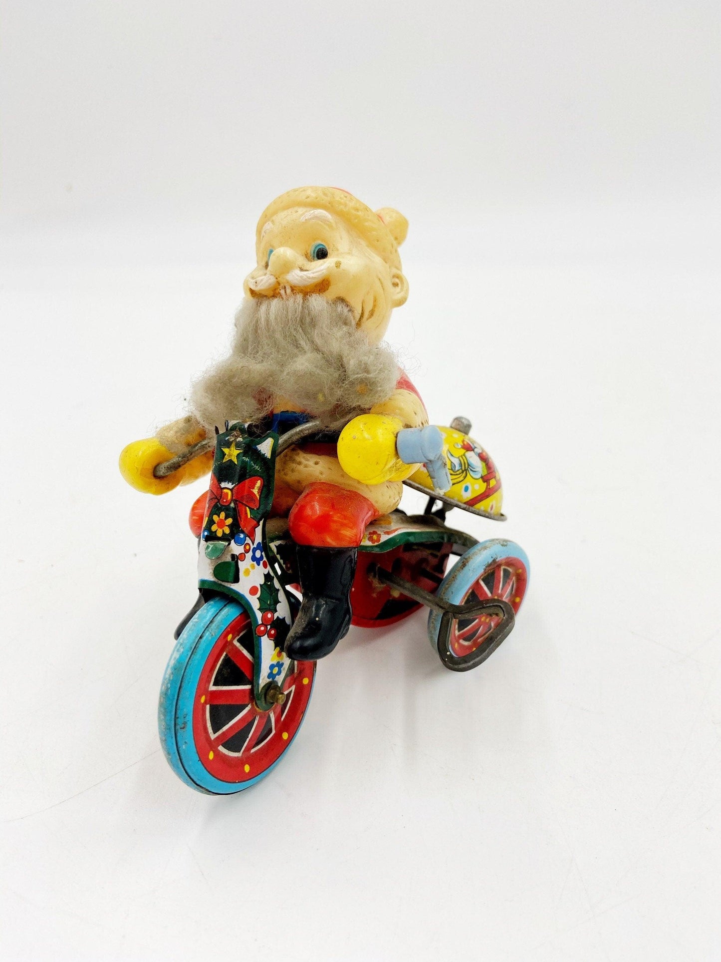 Suzuki Tin Litho Santa Riding A Tricycle, Antique Vintage Wind Up Tin Toy, Made In Japan, Vintage Antique Christmas -Located at Funkyhouse Vintage Antique Store, Weiser Idaho