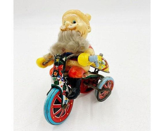 Suzuki Tin Litho Santa Riding A Tricycle, Antique Vintage Wind Up Tin Toy, Made In Japan, Vintage Antique Christmas -Located at Funkyhouse Vintage Antique Store, Weiser Idaho