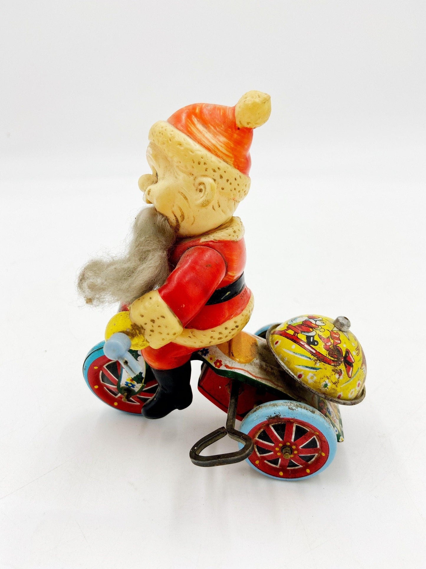 Suzuki Tin Litho Santa Riding A Tricycle, Antique Vintage Wind Up Tin Toy, Made In Japan, Vintage Antique Christmas -Located at Funkyhouse Vintage Antique Store, Weiser Idaho