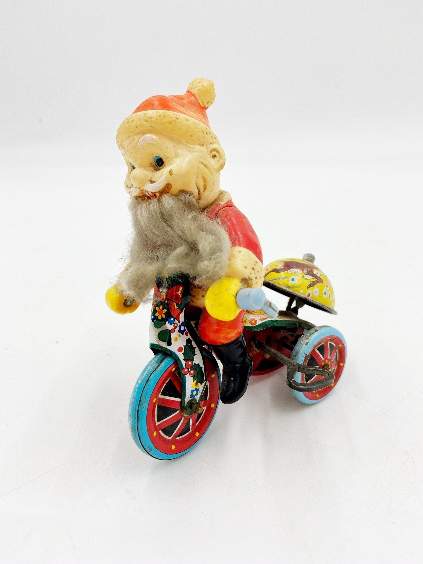 Suzuki Tin Litho Santa Riding A Tricycle, Antique Vintage Wind Up Tin Toy, Made In Japan, Vintage Antique Christmas -Located at Funkyhouse Vintage Antique Store, Weiser Idaho