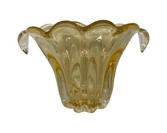 Teleflora Decorative Glass Bowl, Vintage Yellow Ribboned Vase -Located at Funkyhouse Vintage Antique Store, Weiser Idaho