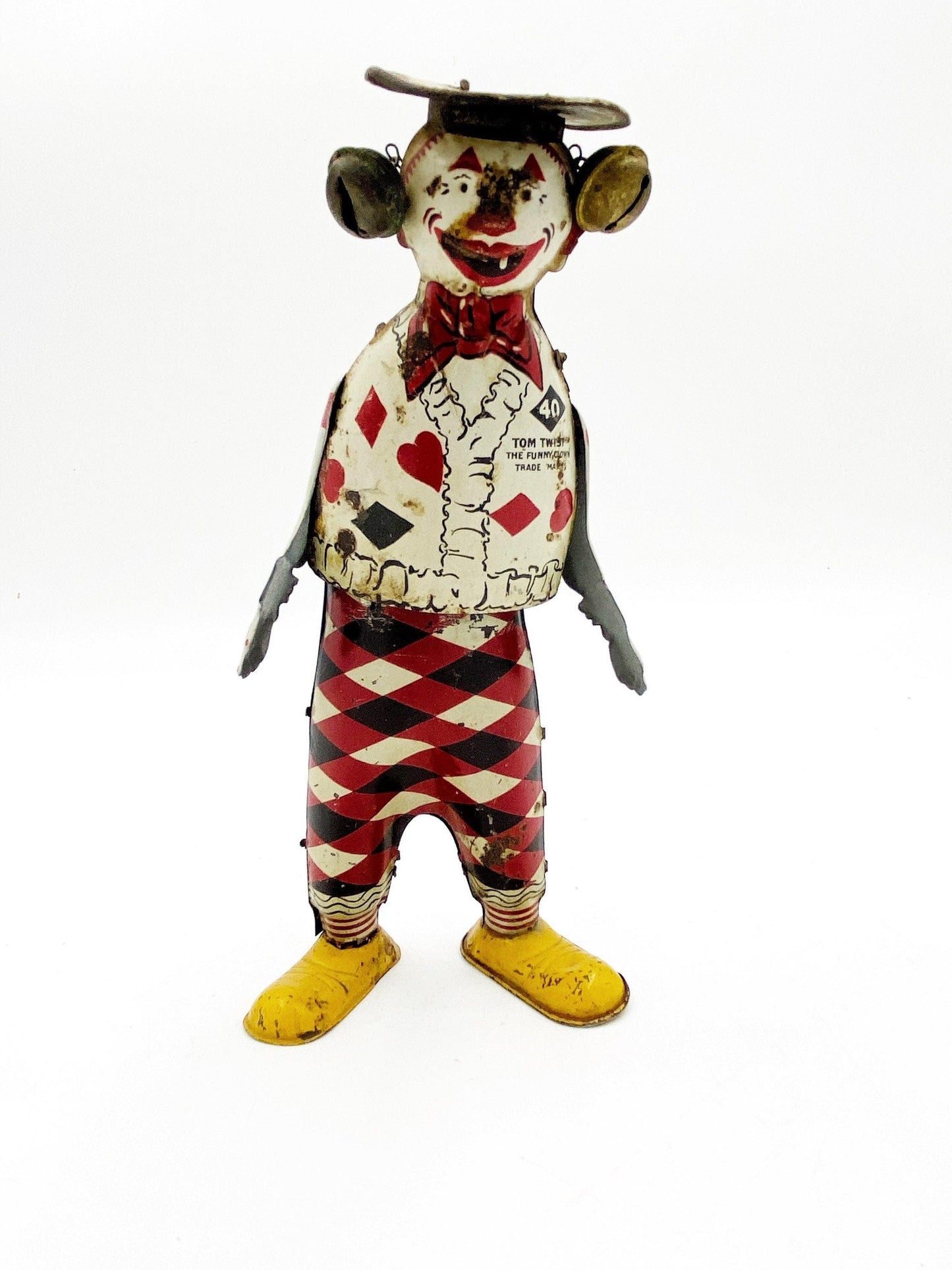 Tom Twist ‘The Funny Show’ The Funny Clown by The Ferdinand Strauss Corporation, Circa 1920s, Wind Up Tin Toys, Red Black White -Located at Funkyhouse Vintage Antique Store, Weiser Idaho