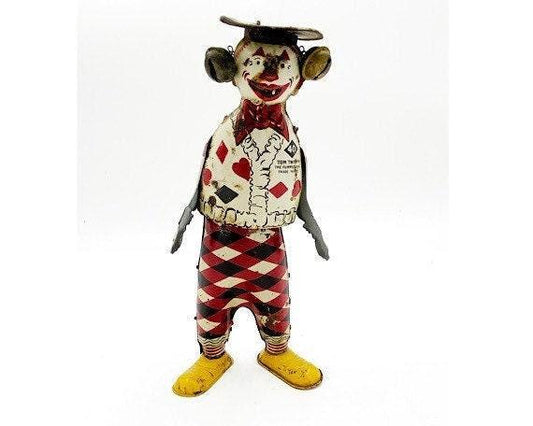 Tom Twist ‘The Funny Show’ The Funny Clown by The Ferdinand Strauss Corporation, Circa 1920s, Wind Up Tin Toys, Red Black White -Located at Funkyhouse Vintage Antique Store, Weiser Idaho