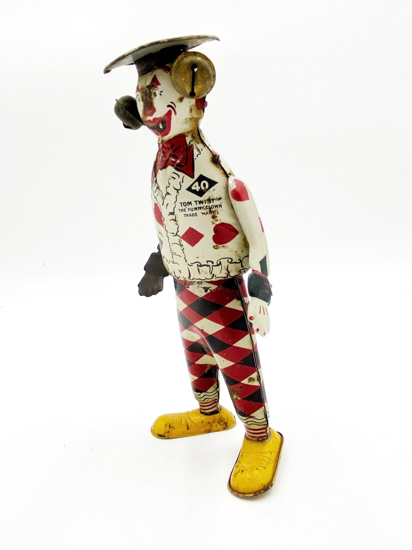 Tom Twist ‘The Funny Show’ The Funny Clown by The Ferdinand Strauss Corporation, Circa 1920s, Wind Up Tin Toys, Red Black White -Located at Funkyhouse Vintage Antique Store, Weiser Idaho
