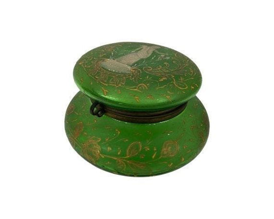 Victorian Hand Painted French Green Glass Hinged Powder Jar, Bohemian Trinket Box -Located at Funkyhouse Vintage Antique Store, Weiser Idaho