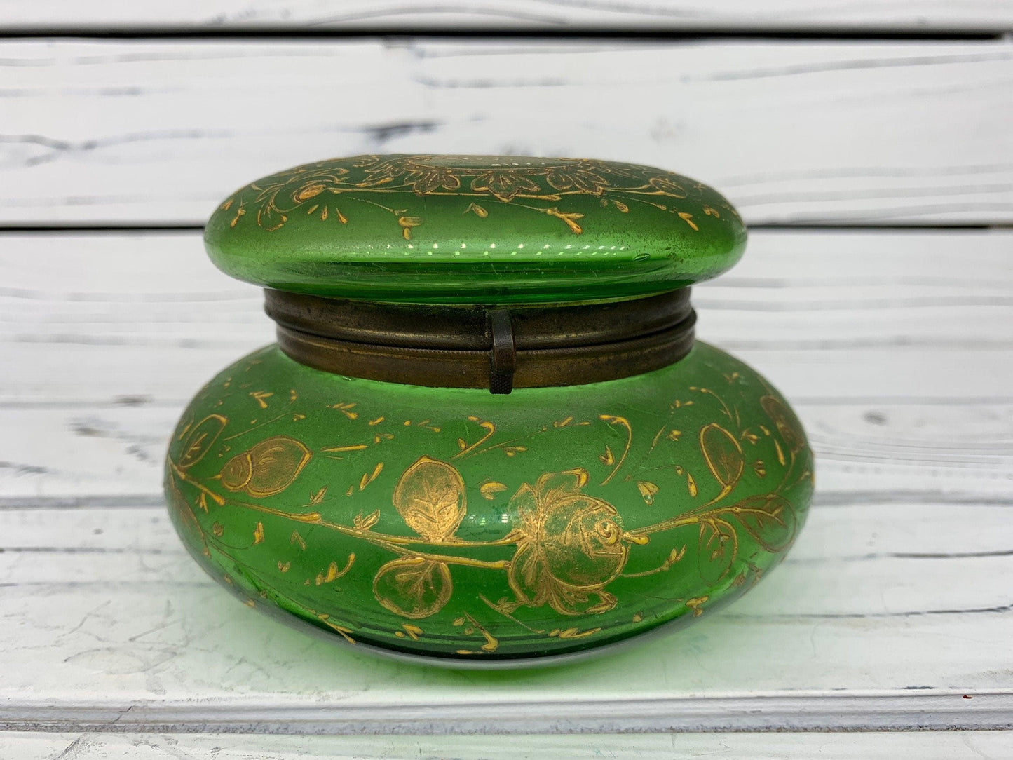 Victorian Hand Painted French Green Glass Hinged Powder Jar, Bohemian Trinket Box -Located at Funkyhouse Vintage Antique Store, Weiser Idaho
