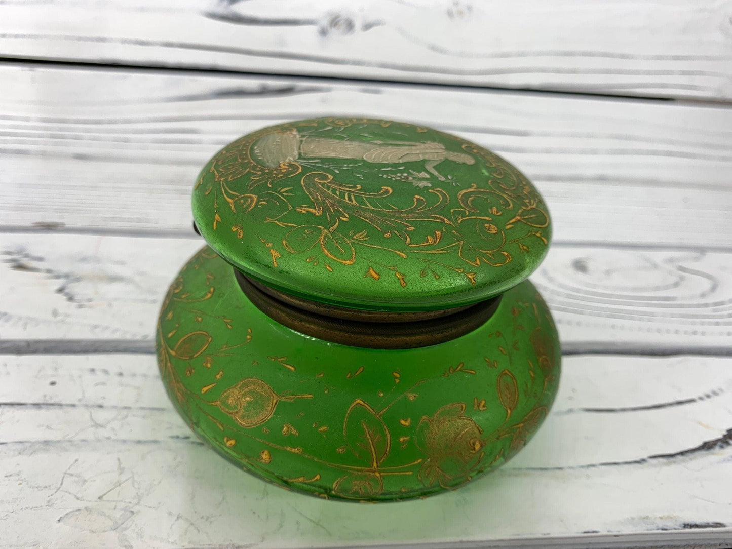 Victorian Hand Painted French Green Glass Hinged Powder Jar, Bohemian Trinket Box -Located at Funkyhouse Vintage Antique Store, Weiser Idaho