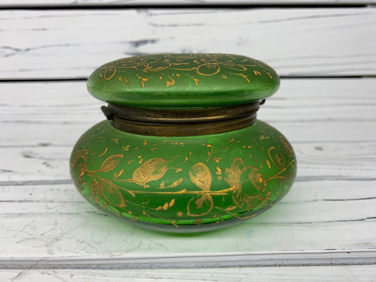 Victorian Hand Painted French Green Glass Hinged Powder Jar, Bohemian Trinket Box -Located at Funkyhouse Vintage Antique Store, Weiser Idaho
