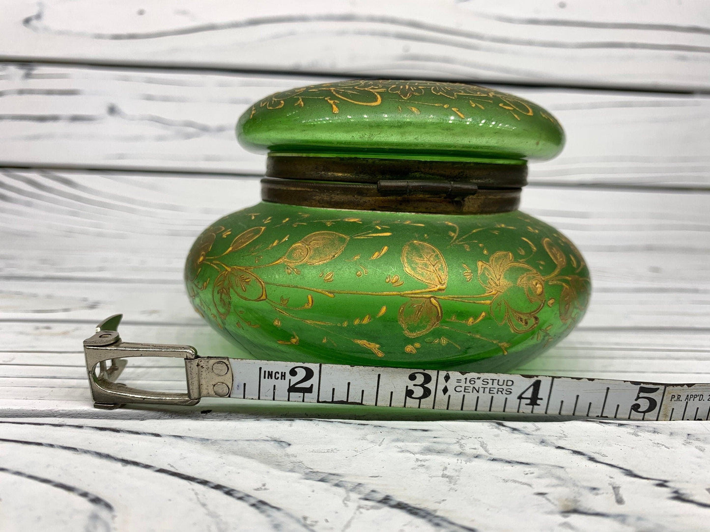 Victorian Hand Painted French Green Glass Hinged Powder Jar, Bohemian Trinket Box -Located at Funkyhouse Vintage Antique Store, Weiser Idaho