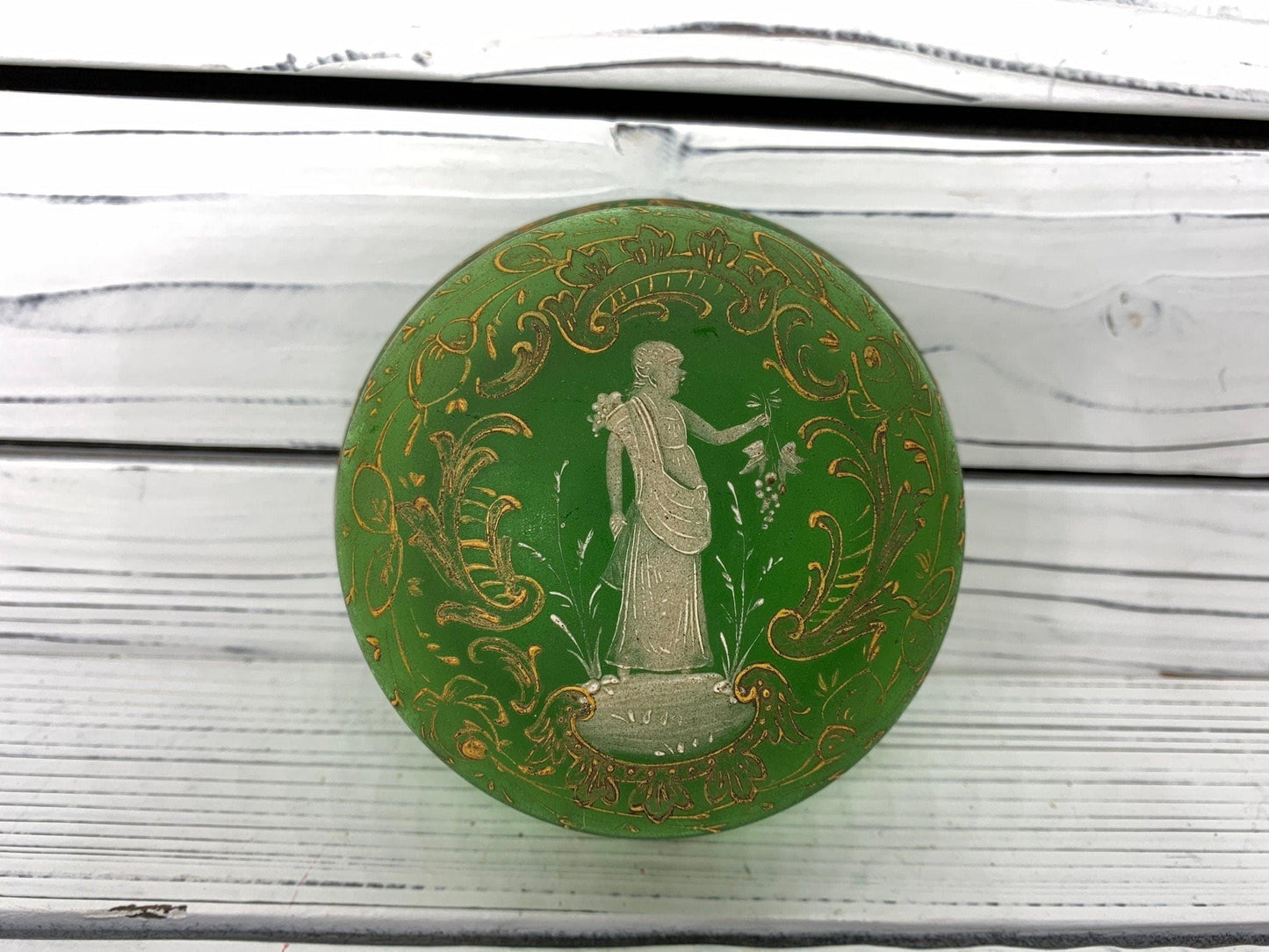 Victorian Hand Painted French Green Glass Hinged Powder Jar, Bohemian Trinket Box -Located at Funkyhouse Vintage Antique Store, Weiser Idaho