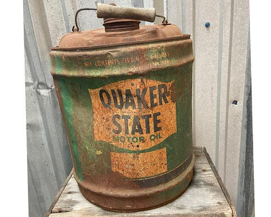 Vintage 1930s Quaker State Oil Can, 5 Gallon Tin, Antique Gas Station Memorabilia -Located at Funkyhouse Vintage Antique Store, Weiser Idaho