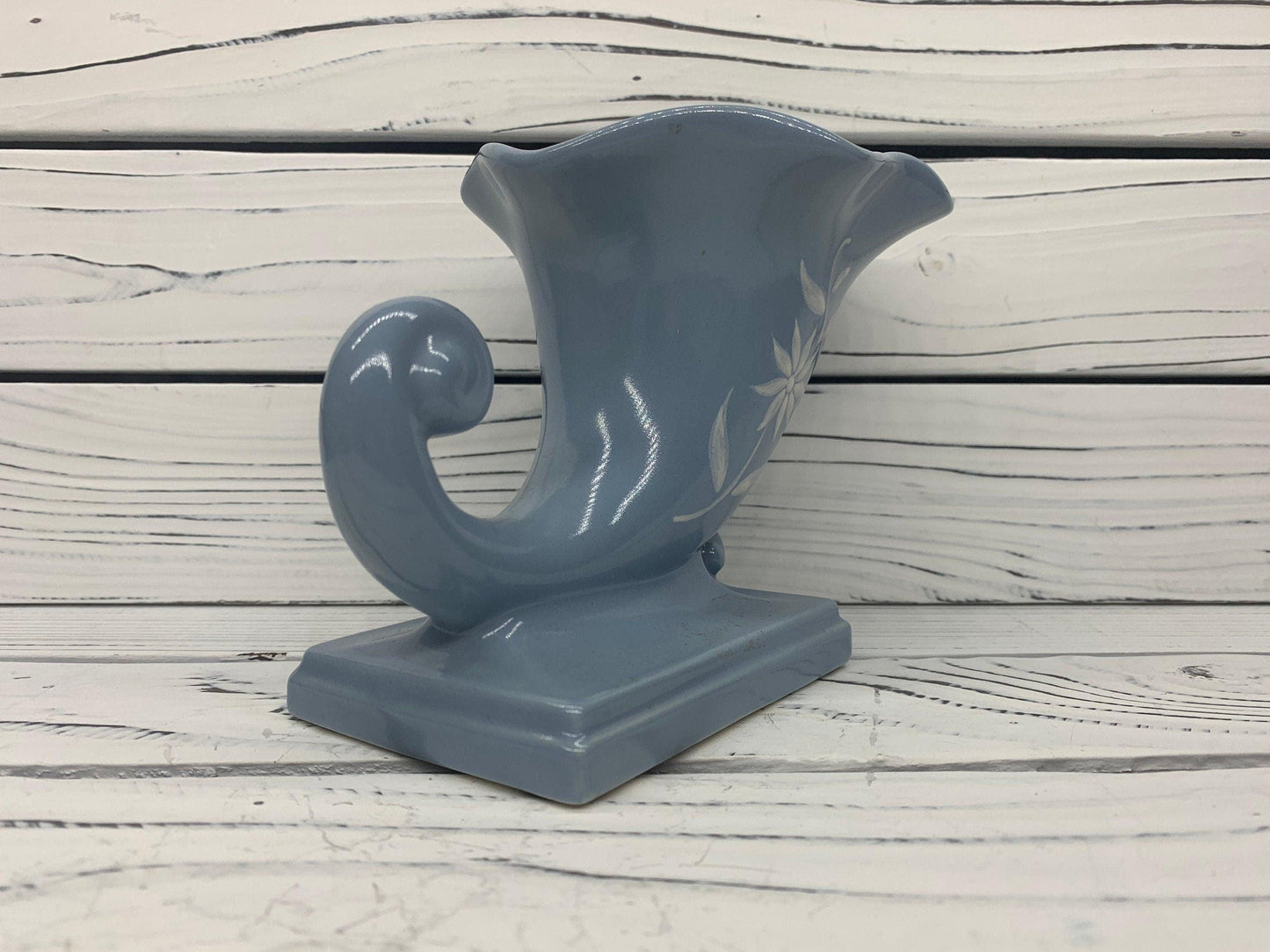 Vintage Abingdon Vase, Blue Mid Century Cornucopia Decor, Shell Style Home Decor -Located at Funkyhouse Vintage Antique Store, Weiser Idaho