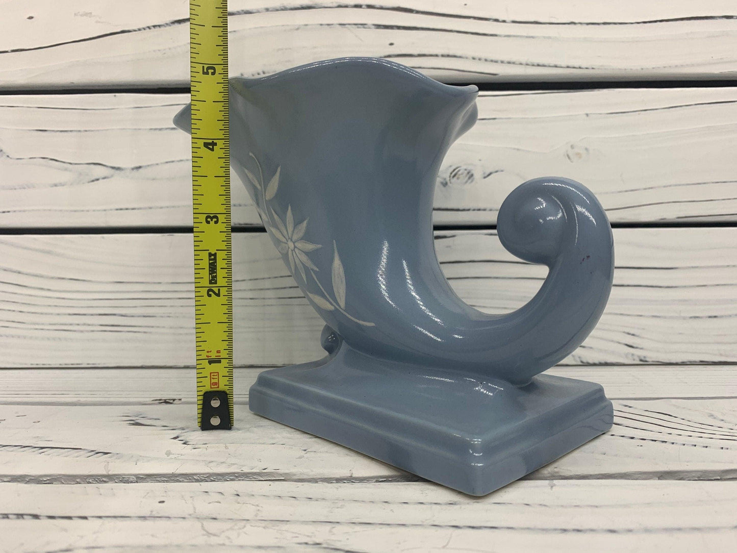 Vintage Abingdon Vase, Blue Mid Century Cornucopia Decor, Shell Style Home Decor -Located at Funkyhouse Vintage Antique Store, Weiser Idaho