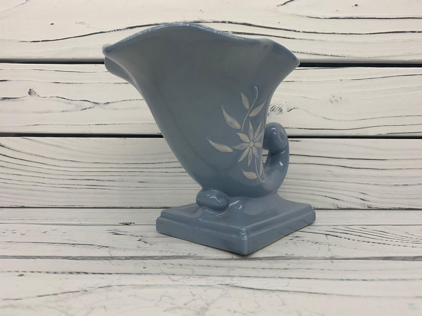 Vintage Abingdon Vase, Blue Mid Century Cornucopia Decor, Shell Style Home Decor -Located at Funkyhouse Vintage Antique Store, Weiser Idaho