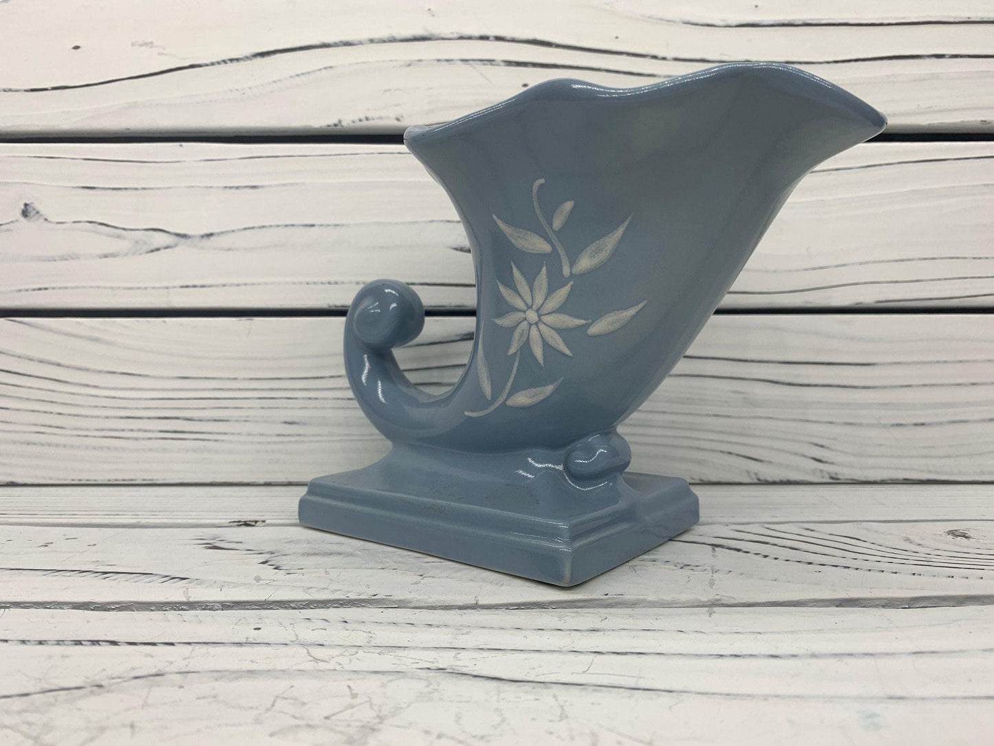 Vintage Abingdon Vase, Blue Mid Century Cornucopia Decor, Shell Style Home Decor -Located at Funkyhouse Vintage Antique Store, Weiser Idaho