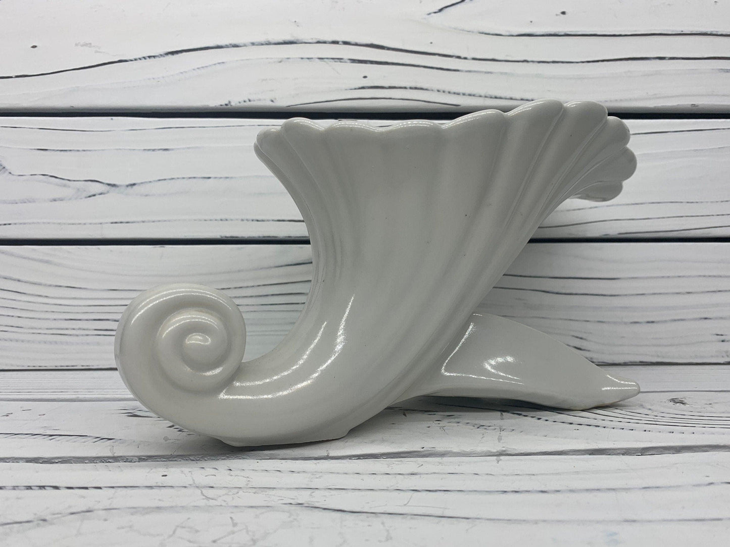 Vintage Abingdon Vase, White Mid Century Cornucopia Decor, Shell Style Home Decor -Located at Funkyhouse Vintage Antique Store, Weiser Idaho