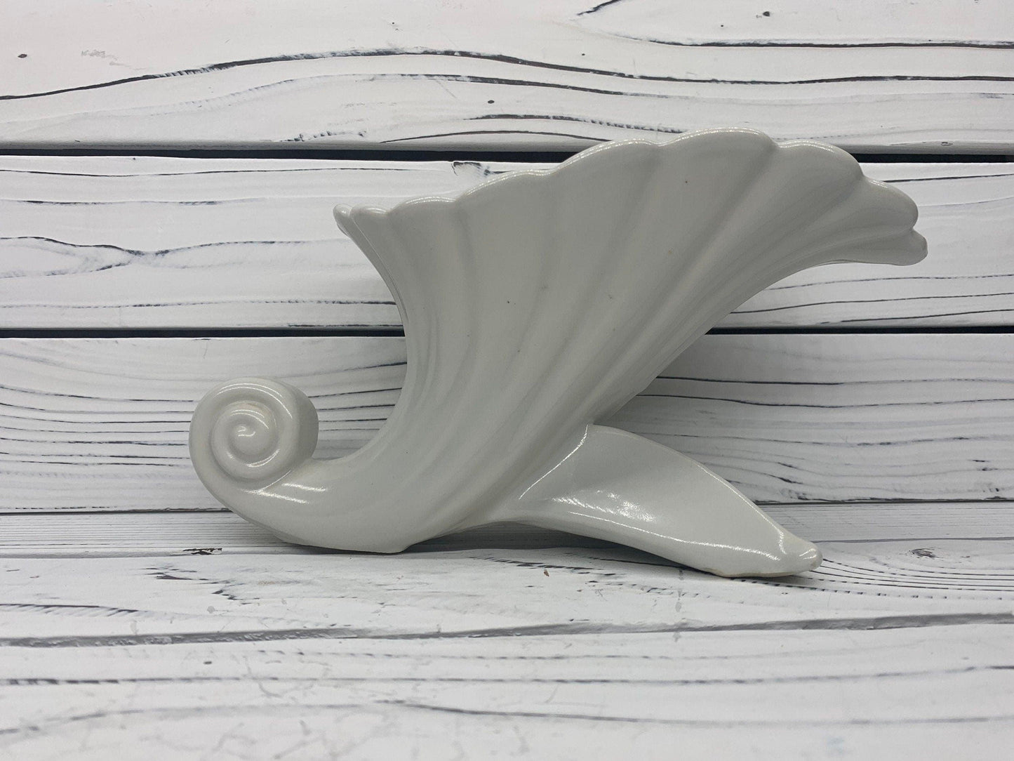 Vintage Abingdon Vase, White Mid Century Cornucopia Decor, Shell Style Home Decor -Located at Funkyhouse Vintage Antique Store, Weiser Idaho
