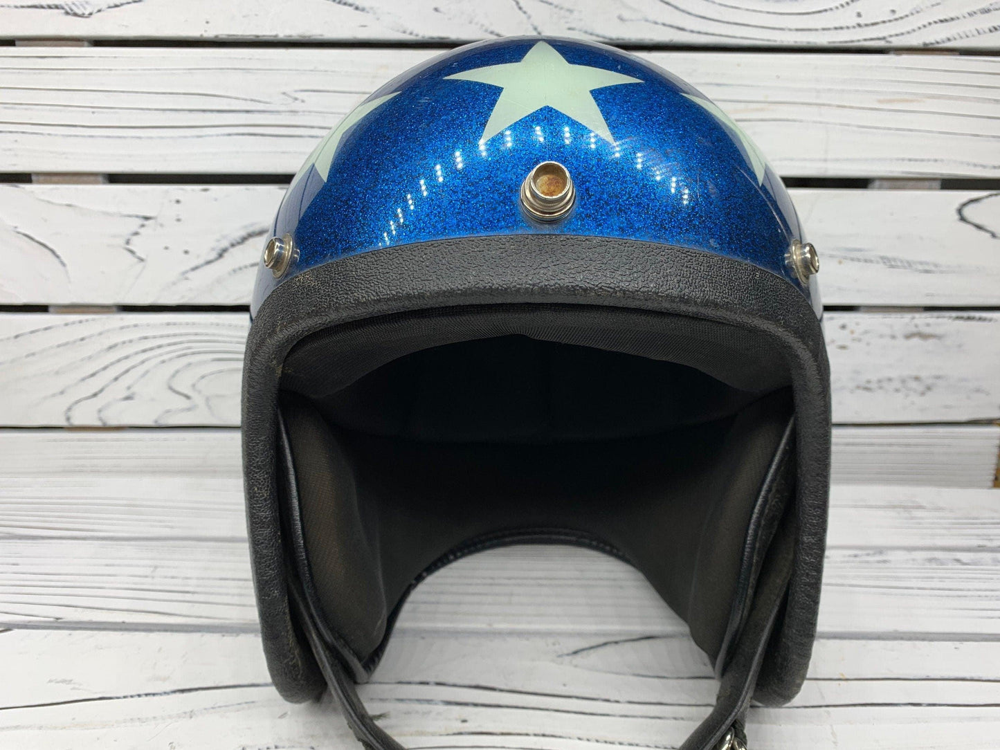 Vintage American Flag Motorcycle Helmet, Stars and Stripes Captain America 60s 70s Helmet, Nesco 6410 -Located at Funkyhouse Vintage Antique Store, Weiser Idaho