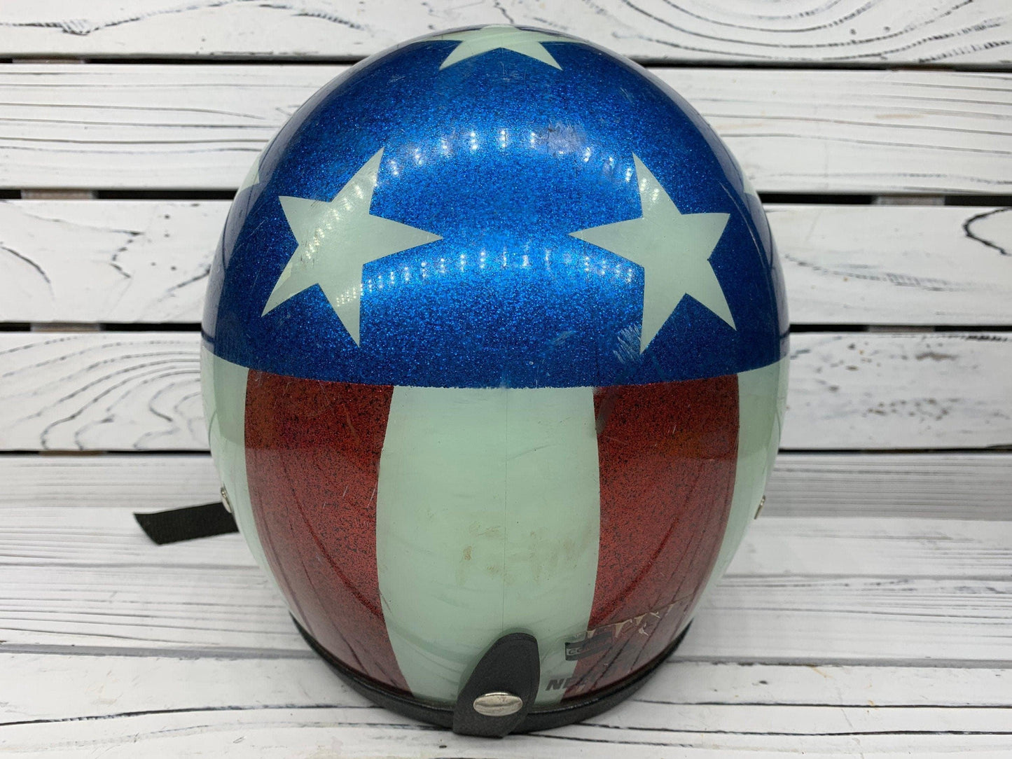 Vintage American Flag Motorcycle Helmet, Stars and Stripes Captain America 60s 70s Helmet, Nesco 6410 -Located at Funkyhouse Vintage Antique Store, Weiser Idaho