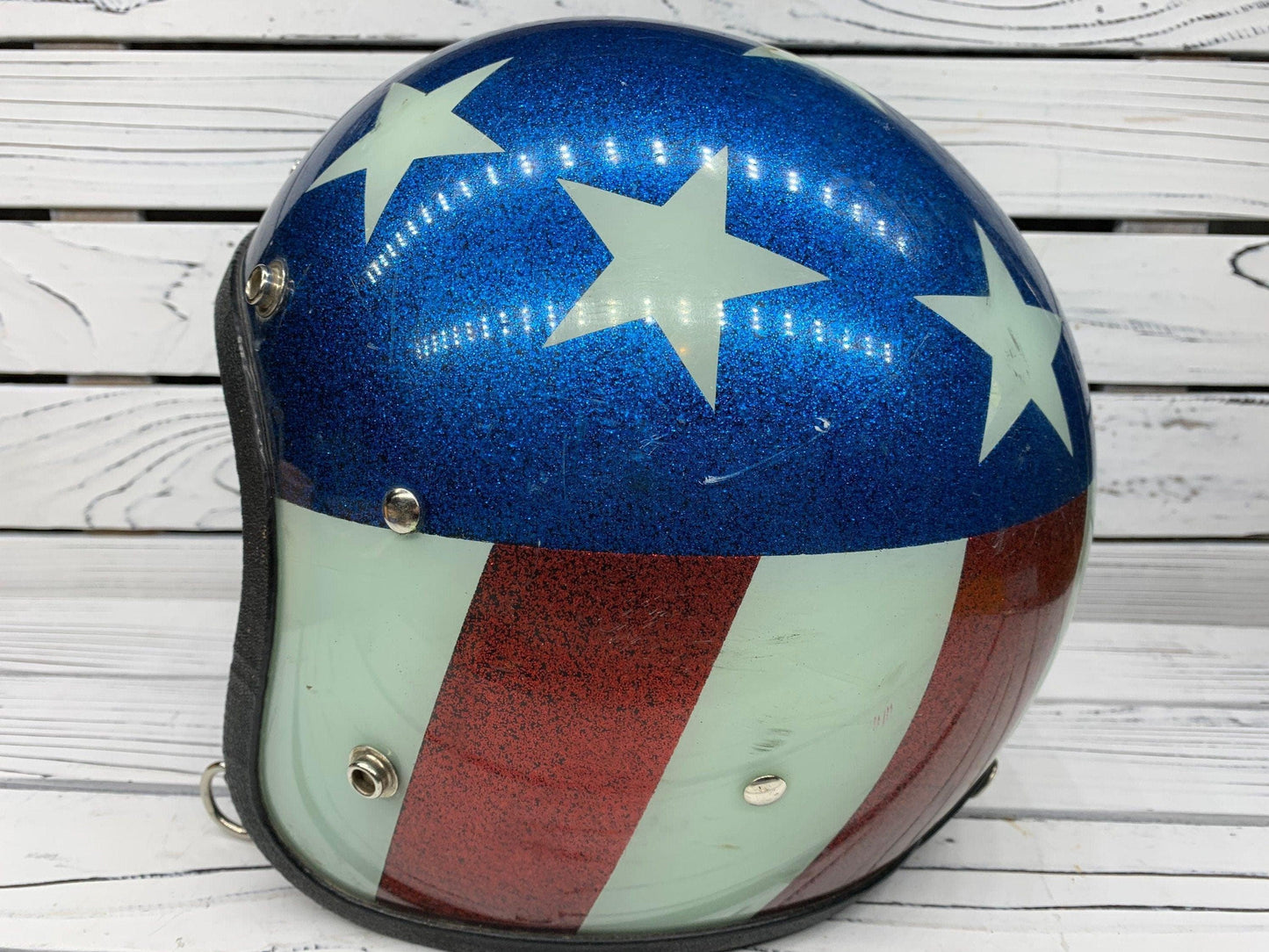 Vintage American Flag Motorcycle Helmet, Stars and Stripes Captain America 60s 70s Helmet, Nesco 6410 -Located at Funkyhouse Vintage Antique Store, Weiser Idaho