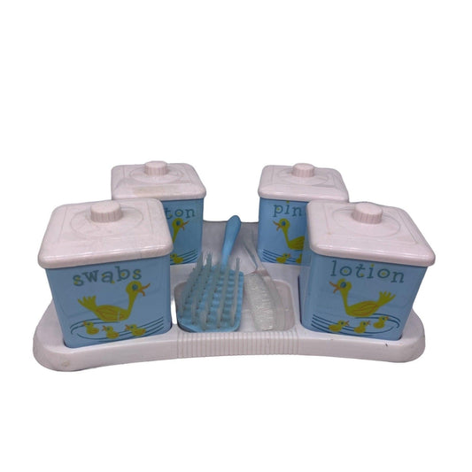 Vintage Baby Bath Caddy, Four Labeled Plastic Containers, Brush And Comb, 1950s Mid Century Infant Grooming Bath Set -Located at Funkyhouse Vintage Antique Store, Weiser Idaho