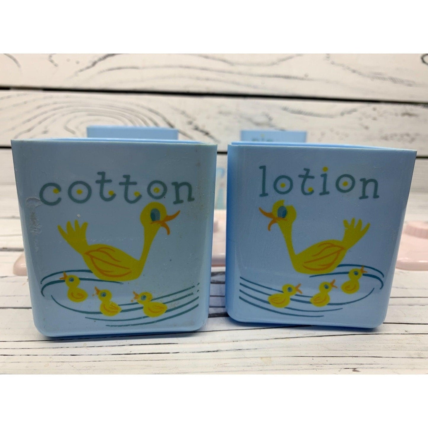 Vintage Baby Bath Caddy, Four Labeled Plastic Containers, Brush And Comb, 1950s Mid Century Infant Grooming Bath Set -Located at Funkyhouse Vintage Antique Store, Weiser Idaho