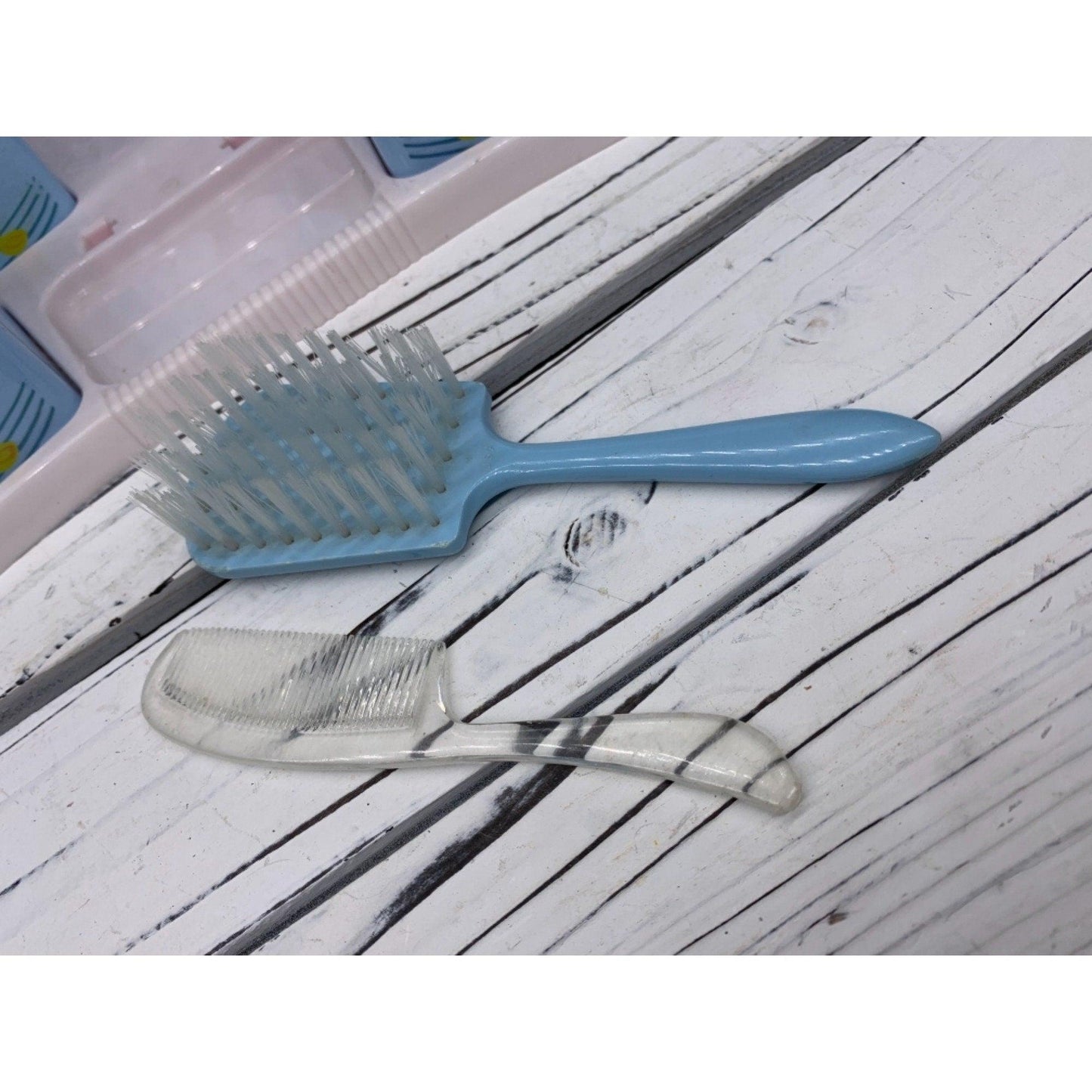 Vintage Baby Bath Caddy, Four Labeled Plastic Containers, Brush And Comb, 1950s Mid Century Infant Grooming Bath Set -Located at Funkyhouse Vintage Antique Store, Weiser Idaho