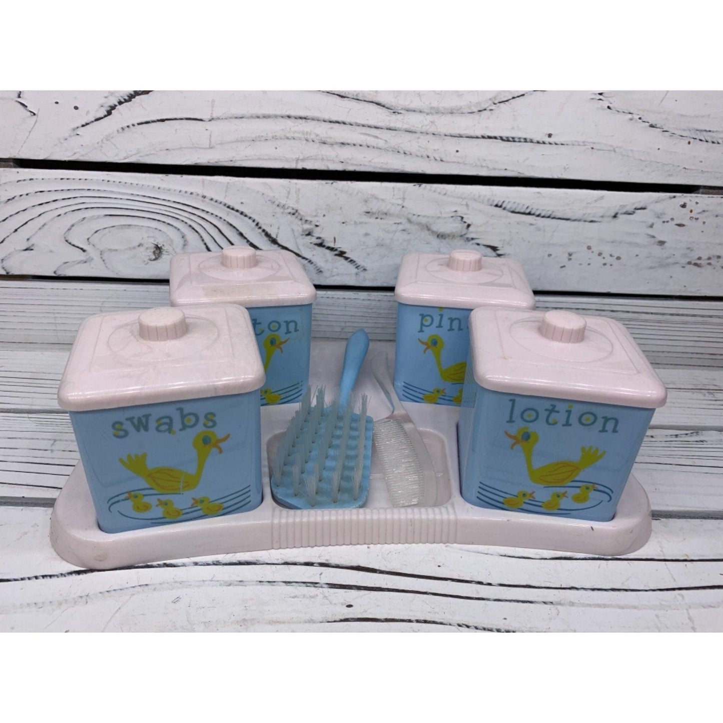 Vintage Baby Bath Caddy, Four Labeled Plastic Containers, Brush And Comb, 1950s Mid Century Infant Grooming Bath Set -Located at Funkyhouse Vintage Antique Store, Weiser Idaho