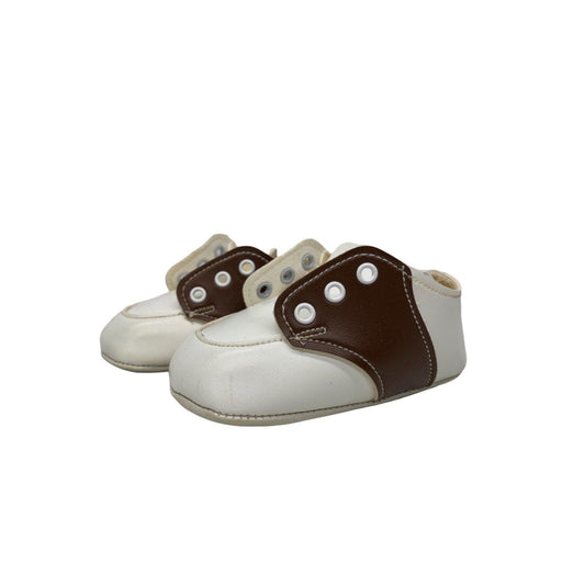 Vintage Baby Booties By Wee Walker, Leather Cream And Brown Saddle Shoes For Infants -Located at Funkyhouse Vintage Antique Store, Weiser Idaho