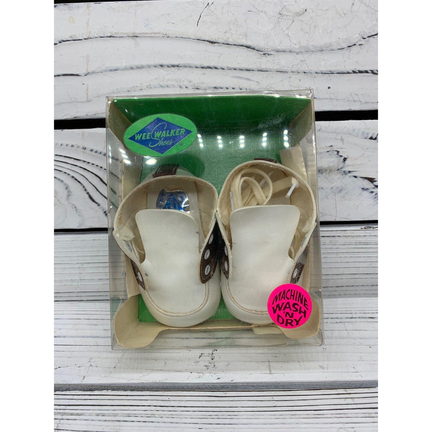 Vintage Baby Booties By Wee Walker, Leather Cream And Brown Saddle Shoes For Infants -Located at Funkyhouse Vintage Antique Store, Weiser Idaho