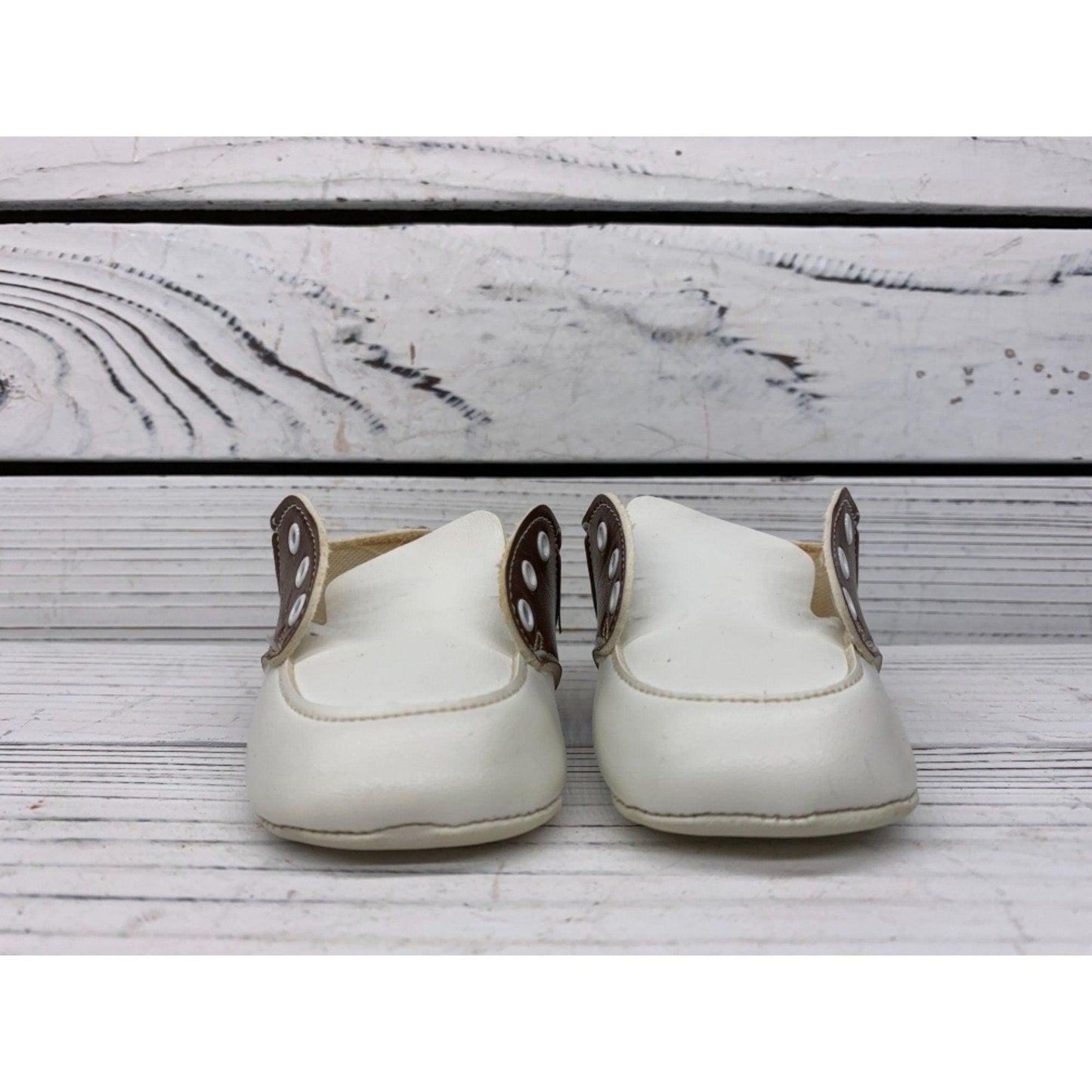 Vintage Baby Booties By Wee Walker, Leather Cream And Brown Saddle Shoes For Infants -Located at Funkyhouse Vintage Antique Store, Weiser Idaho