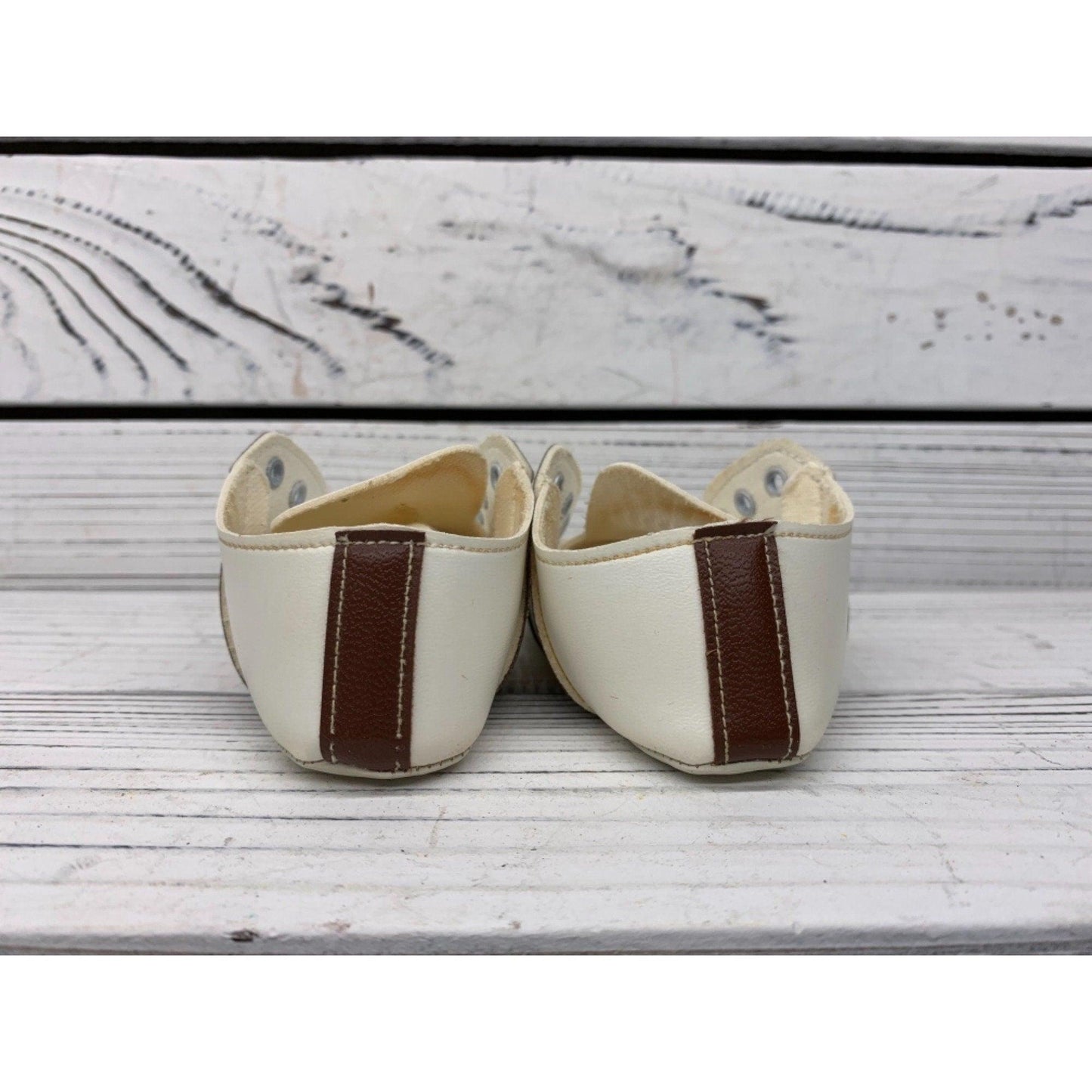 Vintage Baby Booties By Wee Walker, Leather Cream And Brown Saddle Shoes For Infants -Located at Funkyhouse Vintage Antique Store, Weiser Idaho