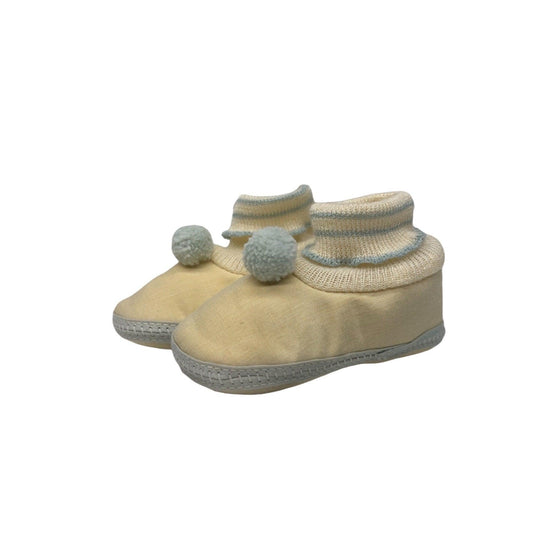 Vintage Baby Booties, Cream And Light Blue Cloth Shoes For Infants With Stripes And Pom Poms -Located at Funkyhouse Vintage Antique Store, Weiser Idaho