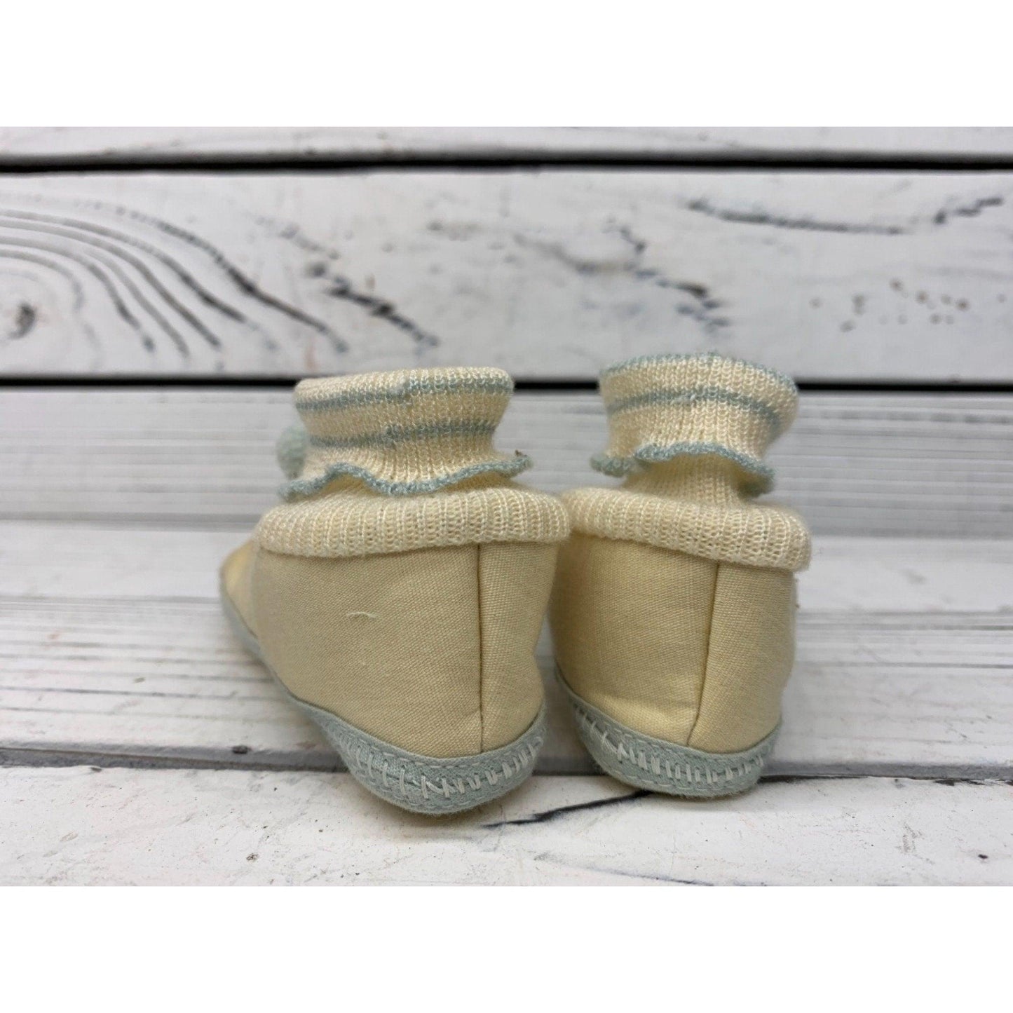 Vintage Baby Booties, Cream And Light Blue Cloth Shoes For Infants With Stripes And Pom Poms -Located at Funkyhouse Vintage Antique Store, Weiser Idaho