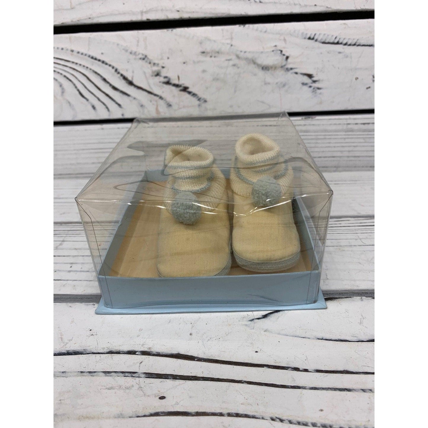 Vintage Baby Booties, Cream And Light Blue Cloth Shoes For Infants With Stripes And Pom Poms -Located at Funkyhouse Vintage Antique Store, Weiser Idaho