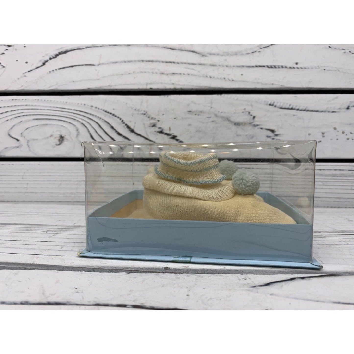 Vintage Baby Booties, Cream And Light Blue Cloth Shoes For Infants With Stripes And Pom Poms -Located at Funkyhouse Vintage Antique Store, Weiser Idaho