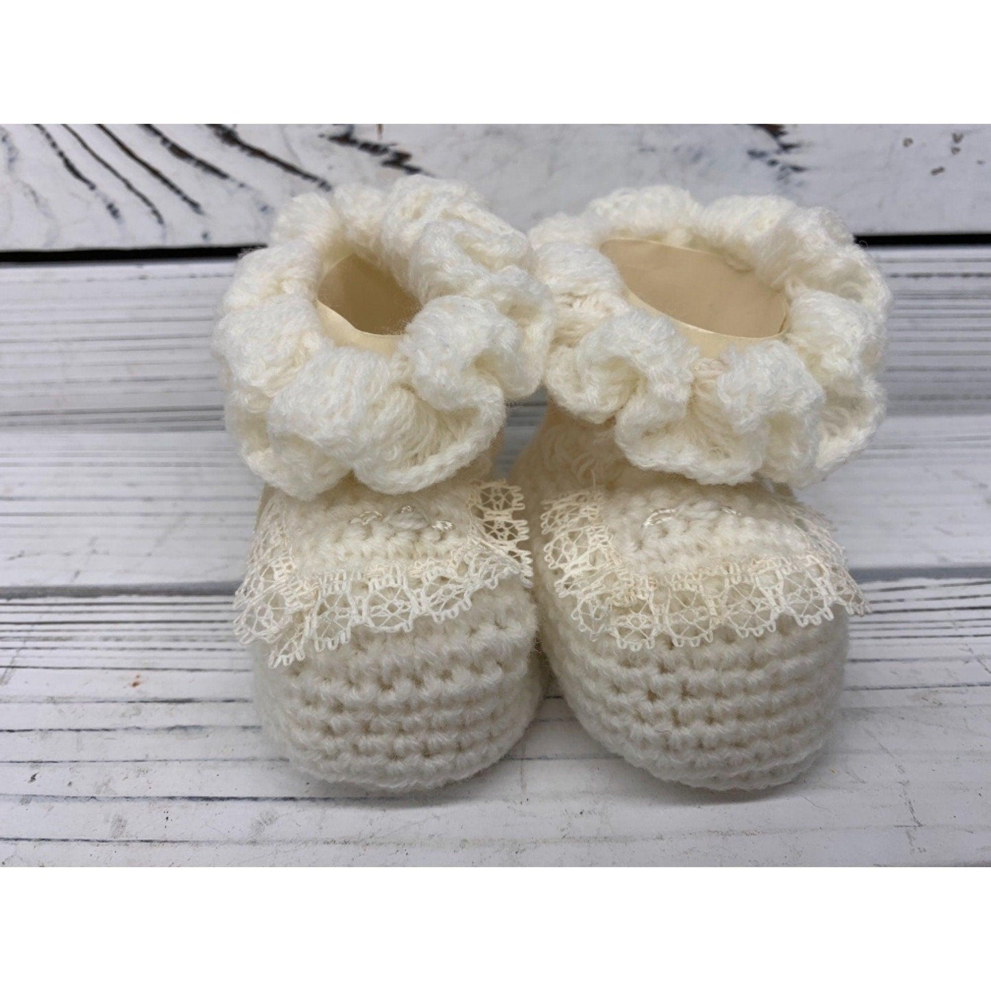 Vintage Baby Booties, Cream Knitted Fancy Cloth Shoes For Infants -Located at Funkyhouse Vintage Antique Store, Weiser Idaho